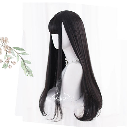 AS Long Straight Black Synthetic Wig For Woman With Bangs Black Cosplay Lolita Wigs Heat Resistant Natural Hair