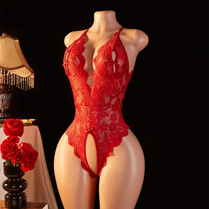 One-piece Lace Women's Underwear Open Crotch Bra Set Women Sexy Lingerie Solid Mesh Hot Temptation Deep V Neck Erotic Lingerie