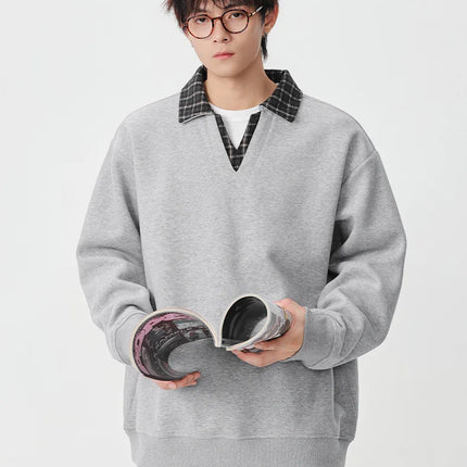 Retro Plaid Polo Neck Sweatshirt for Men and Women Heavyweight Cotton Soft Fake Two-Piece V-Neck Long Sleeve