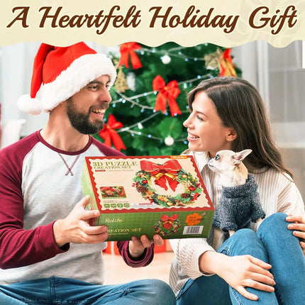 Rolife 3D Wooden Puzzle Christmas Wreath Model Building Kit with LED Light Red Bow Golden Bell for Holiday Door Christmas Decor
