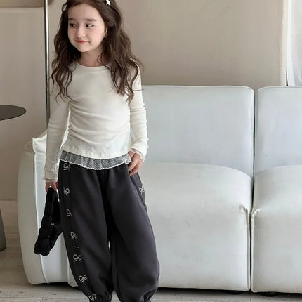 Girls Lace T-shirt 2024 Autumn New Slim Fit Girl Top Children Stylish Versatile High Elasticity Knitted Sweater