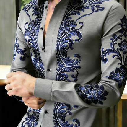New men's 11 color pattern 3D flower print long sleeved shirt with high-quality and casual long sleeved collar top