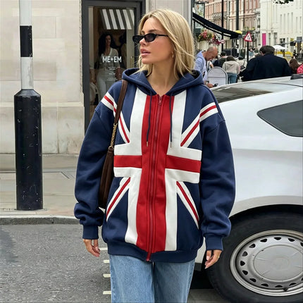 2026 Autumn Winter New Retro Flag Hooded Sweatshirt Zipper Jacket Relaxed Daily Casual Street Fashion Men Women Hoodie