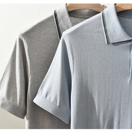 85% Silk + 15% Cashmere Men's T-shirt Casual Solid Color Knitted Pullover Short Sleeved Polo Neck Tees Basic Tops