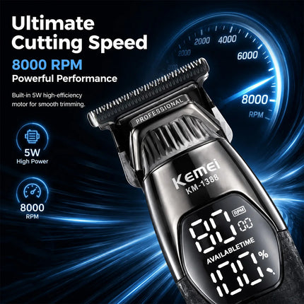 Kemei KM-1388 Full Metal Professional Hair Trimmer for Men DLC Blade T-Blade 8000RPM 5W Motor LED Display 1200mAh Hair Clipper