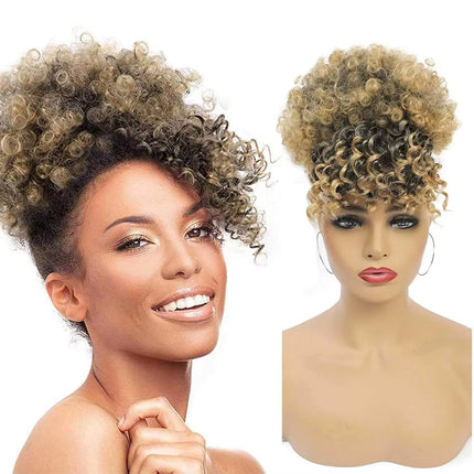 Synthetic Afro Puff Drawstring Ponytail with Bangs Short Afro Kinky Curly Ponytail Extension Updo Hairpiece Ponytail Bun
