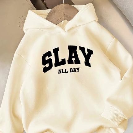 SLAY ALL DAY Hooded Sweatshirt Casual Long Sleeve Winter Pullover with Bold Lettering  Winter Clothes for Girls Comfortable Fit