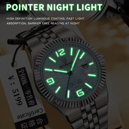 BINBOND Top Brand Quartz Watch For Men Luxury Stainless Steel Waterproof Luminous Watch Fashion Date Display Business Men Watch