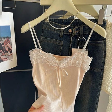 Sweet Lace Patchwork Crop Tank Top Female 2025 Women's Clothing Sling Slim Waist Tank Korean Summer Sexy Club Camis Ropa Mujer