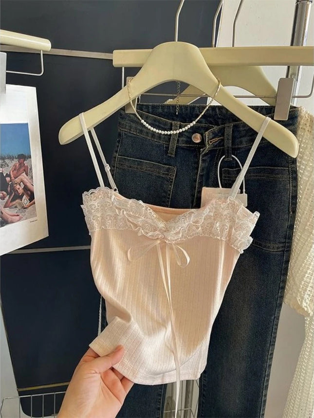 Sweet Lace Patchwork Crop Tank Top Female 2025 Women's Clothing Sling Slim Waist Tank Korean Summer Sexy Club Camis Ropa Mujer