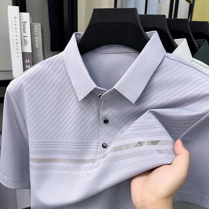 Summer Gentle Men's Polo Shirt Striped Pattern Ice Silk Short Sleeve Smooth Breathable Office Daily Commute Top
