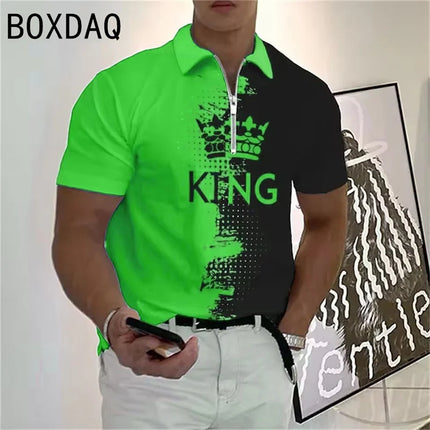 3D King Printed Polos Summer Short Sleeve Turndown Collar Casual Tops Fashion Oversized Men High Quality Zipper Pullover Polos