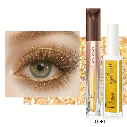 2PC Waterproof Mascara & Metallic Eyeliner Duo - Long Lasting Voluminous Lash & Shimmer Eyeliner, Smudge-Proof