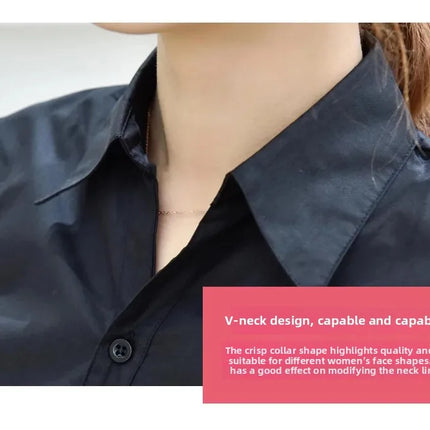 Black Long Sleeve Women's Shirt Professional Formal V-neck Workwear Slim Fit Cotton Work Uniform Button-up Casual Shirt