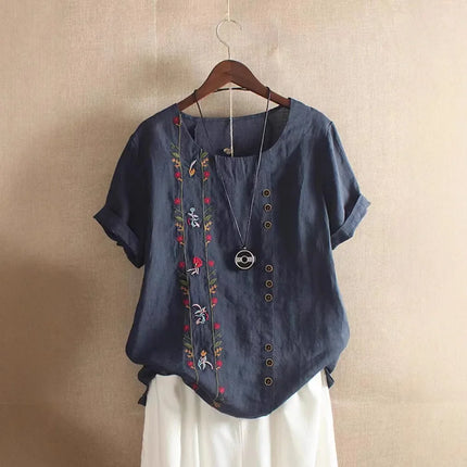 Retro Cotton Linen Short Sleeve Embroidered Flower Women's T-shirt Wish Brand Crew Neck plus Size Shirt from Mainland China