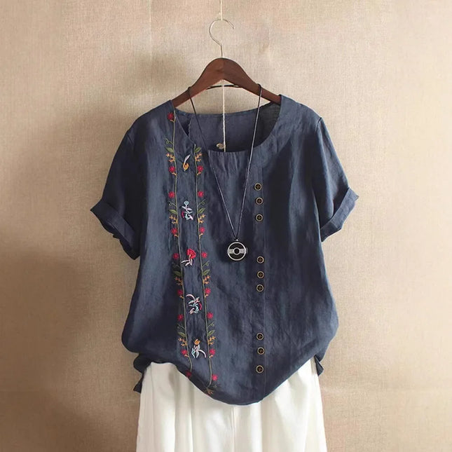 Retro Cotton Linen Short Sleeve Embroidered Flower Women's T-shirt Wish Brand Crew Neck plus Size Shirt from Mainland China