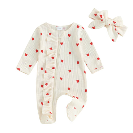 Pudcoco Baby Girls Valentines Day Foot Cover Jumpsuit Long Sleeve Crew Neck Heart Print Ruffle Zipper Footies with Headband 0-6M