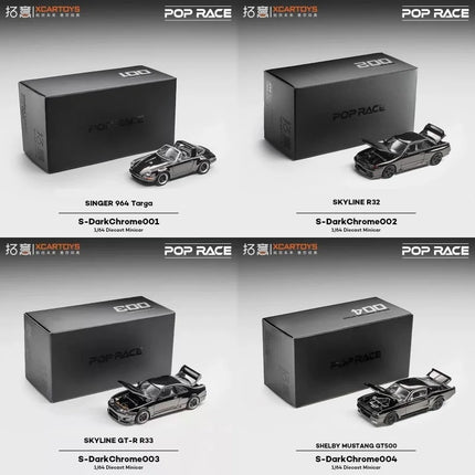 Xcartoys x POP RACE 1:64 SINGER 964 Targa / R32 / R33 / SHELBY MUSTANG GT500 Dark Chrome Diecast Model Car