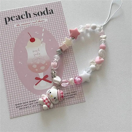 Hello Kitty Phone Chain Cute 3D Cat Bead Phone Chain Short Wristband Hanging Accessories CCD Camera Versatile Hanging Rope