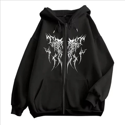 Gothic Printed Zipper Hoodies Women Men Vintage Fashion Hip Hop Y2K Coat Autumn Winter Fleece Long Sleeve Zip-up Hoodies