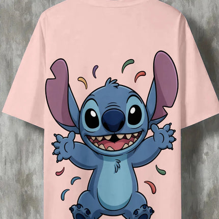 Lovely Smiling Stitch Confetti Design Pink T-Shirt Anime Cartoon Fans Tee