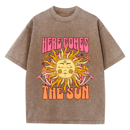 Oversize Women's Washed T-Shirt Cotton Here Comes The Sun Prints T Shirts Casual O-Neck Short Sleeve Tops Loose Women's Clothes
