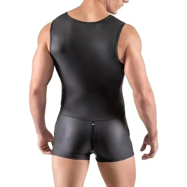 Men's Sexy Wet Look Patent Leather Sleeveless Bodysuit, Zip Jumpsuit, Clubwear Costume, Nightclub Gay Man Underwear