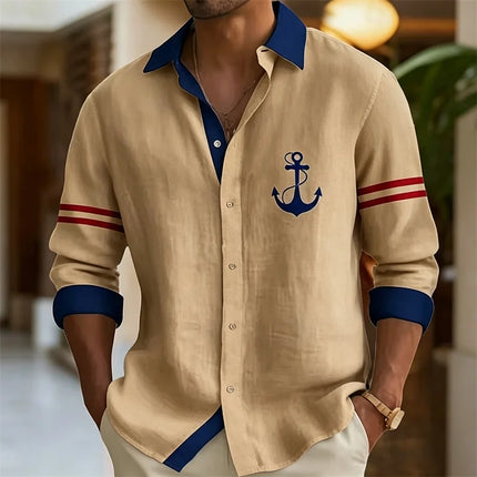 2026 Summer New Men's Long-Sleeve Shirt, Contrasting Collar with Anchor Print, Fashionable Casual Hawaiian Shirt, XS-6XL