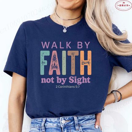 Walk By Faith Not By Sight 2 Corinthians 5:7 T-Shirt Retro Christian Graphic Tee for Women Aesthetic Summer Short Sleeve Clothes