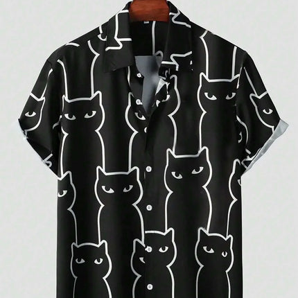 2026 New Fashionable Hawaiian Men's Cute Cat Printed Casual Harajuku Short Sleeved Shirt