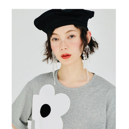 imakokoni original applique pure cotton gray T-shirt pullover short-sleeved shirt casual loose large size summer female 223602