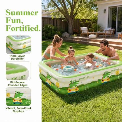 Inflatable Swimming Pool Set Portable Rectangular PVC Pool with Pump Balls and Pool Floats for Backyard Summer Water Fun