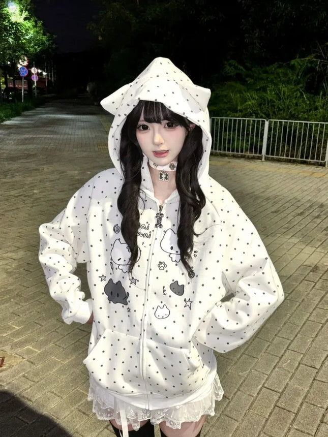 Autumn Winter Sweet Cute Cat Ear Hooded Hoodie Women Casual Kawaiii Polka Dot Print Design Coat Elegant Fashion Loose Jacket New