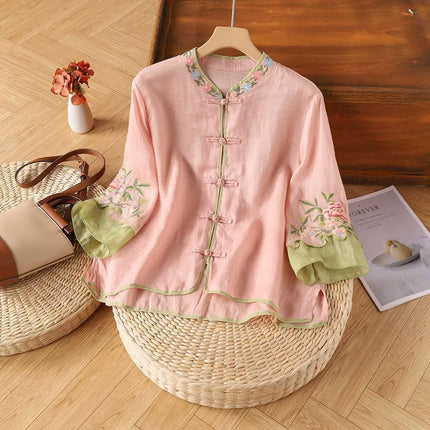 Casual Loose Blouse Shirt Women Clothes Summer Cotton Linen Ladies Tops Tee Blusas Vintage Embroidery Woman Shirt Camiseta Mujer