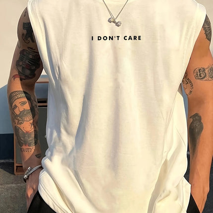 100% Pure Cotton Summer Men's Fashionable Casual Loose I DON'T CARE Letter Pattern Printed Fitness Sports Sleeveless Vest