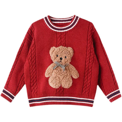 Baby and Girls Sweet 3D Flocking Cartoon Crop Knitted Cotton Sweater Coat Kids Knitwear Child Outfit Pullover Jumper Tops 2-8Yrs