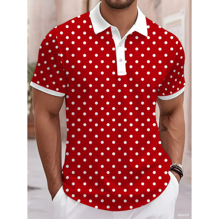 3D Digital Printing New Men's Summer Fashion Short Sleeved Handsome and Good-looking White Dot Pattern Red Polo Shirt for Men
