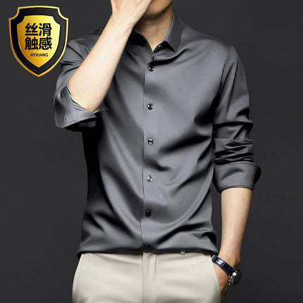 6XL Mens dress black shirts long-sleeved Office Wear Oversize wrinkle-proof non-ironed solid color business casual ice silk