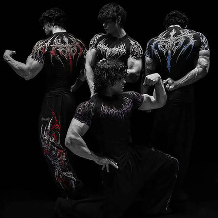 GYM T-shirt Men's Dark Gothic Print Muscle Tee  High Elasticity And Quick Drying Exercise For Bodybuilding Training 2025 Summer