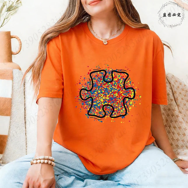 2026 Trendy Women's Autism Awareness T-shirts Creative Colorful Splatter Puzzle Graphic Female Clothing Short Sleeve Casual Tees