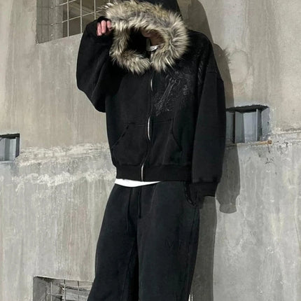 2000s Vintage Therian Fur Hood Jacket Y2k Goth Zip Up Hoodie Oversized Graphic Sweatshirt Emo Grunge Streetwear Fall Winter 2025