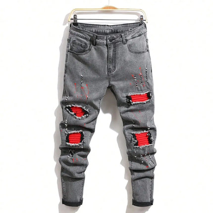 Men's Ripped Denim Jeans for Man High Stretch Skinny Biker Pants Casual Slim Fit Trousers with Patchwork Embroidery Streetwear
