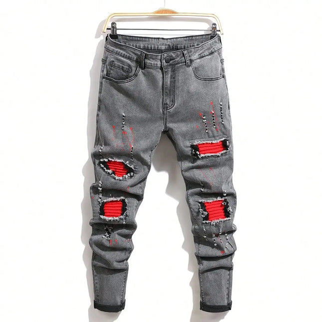 Men's Ripped Denim Jeans for Man High Stretch Skinny Biker Pants Casual Slim Fit Trousers with Patchwork Embroidery Streetwear