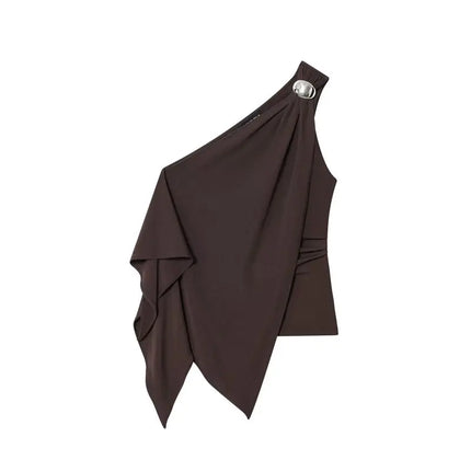 Women's Asymmetric Slim Pleated Design Top Versatile Autumn New Arrival Fashionable Outerwear Casual Regular Length