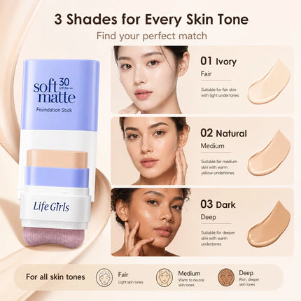 2 in 1 SPF30 Foundation Stick with Built-in Brush Soft Matte Full Coverage Waterproof Long Wear Concealer Makeup Base