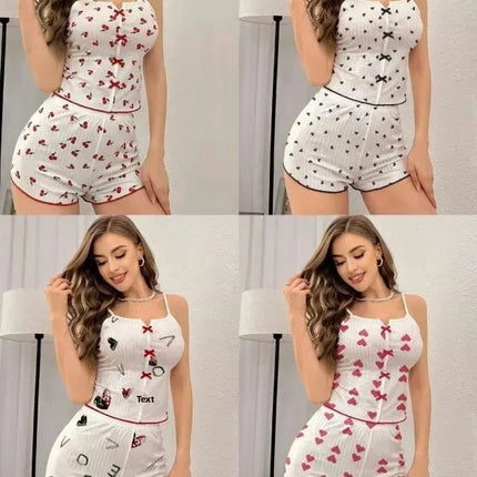 New Hot Sale Of The Season Heart Pattern Color Block Sleepwear Set with Slit in Front Strap Women's Vest Tops Non-Stitched Exte