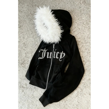 Subculture Y2K new fur collar cardigan sweatshirt zipper jacket European and American letter hot stamping retro sweatshirt jacke