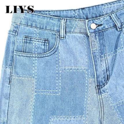 LIYS Men's Geometric Grid Jacquard Beggar Cloth Loose Wide Leg Jeans Retro Street Denim Pants Suitable for Work Casual Wear
