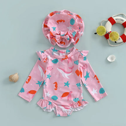 Children Baby Girl Rash Guard Long Sleeve Swimwear with Sun Hat Bathing Suit Infant Swimsuit Newborn 2 Piece Beachwear