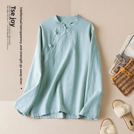 Retro Artistic Women's Long Sleeve Cotton Linen Loose Slim Fit Shirt Stand Collar Side Button Geometric Pattern Elegant Style